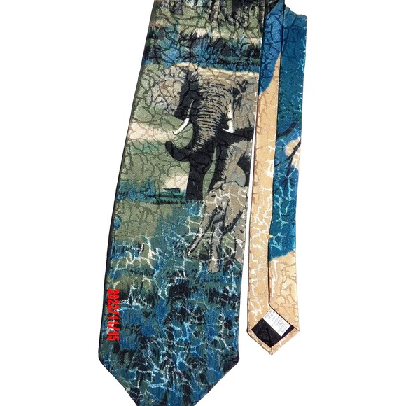 Lost Kingdom Elephant Necktie Blue Gold Green Gray Pattern Super Cool - Picture 2 of 3